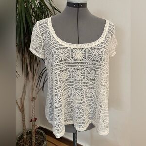 American Eagle Boho Floral Lace Sheer Top - Cream Ivory